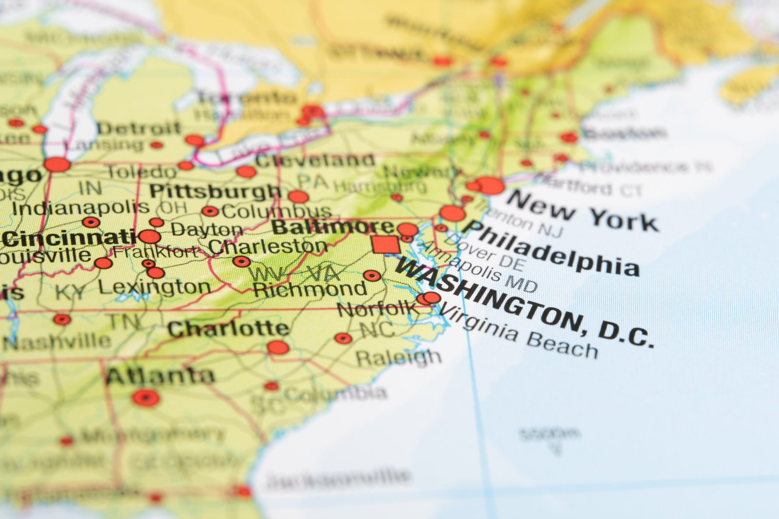 Close-up view of a map showing major cities on the East Coast of the United States