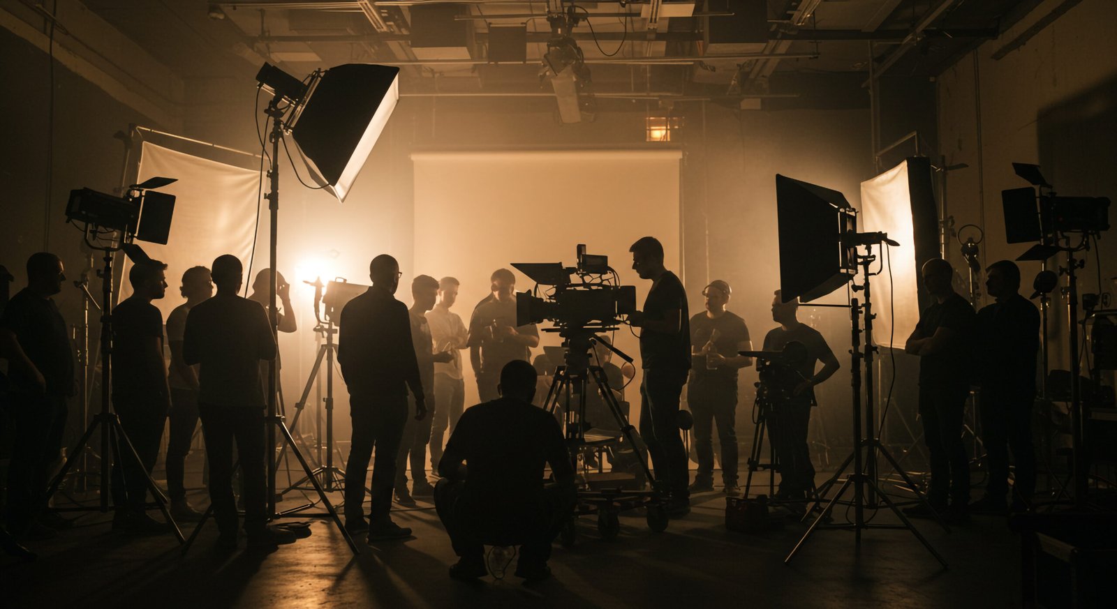 Film Production Crew on Set with Professional Lighting and Camera Equipment